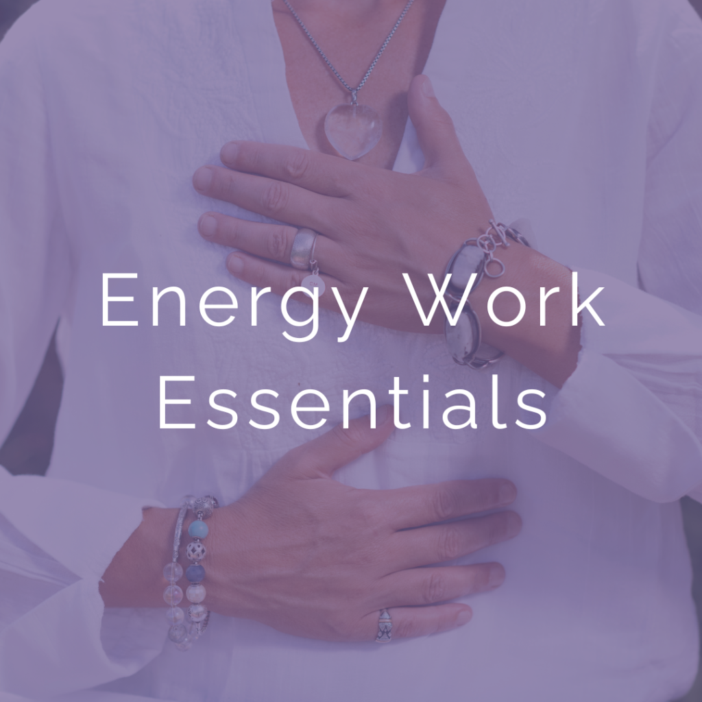 Cover Art for Energy Work Essentials. Features Woman giving herself a Reiki Treatment. Green Overlay.