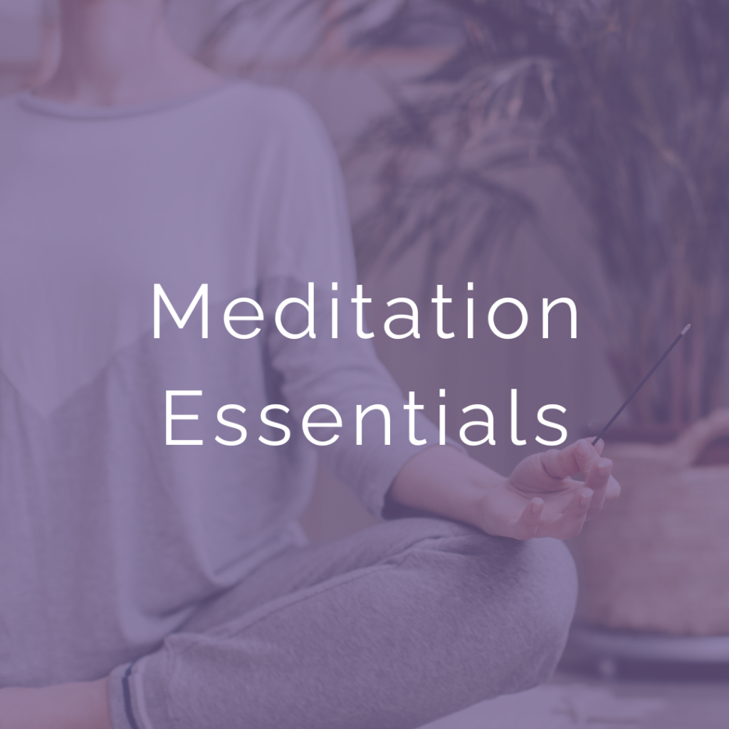 Cover Image for Meditation Essentials Course. Features woman sitting in meditation posture. Green Overlay