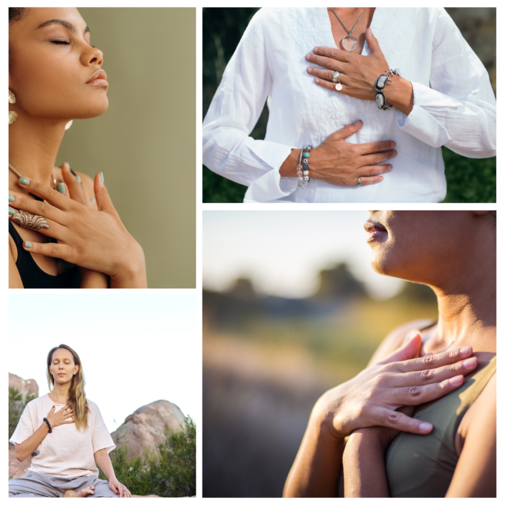 Grid with 4 photos of women performing self Reiki.