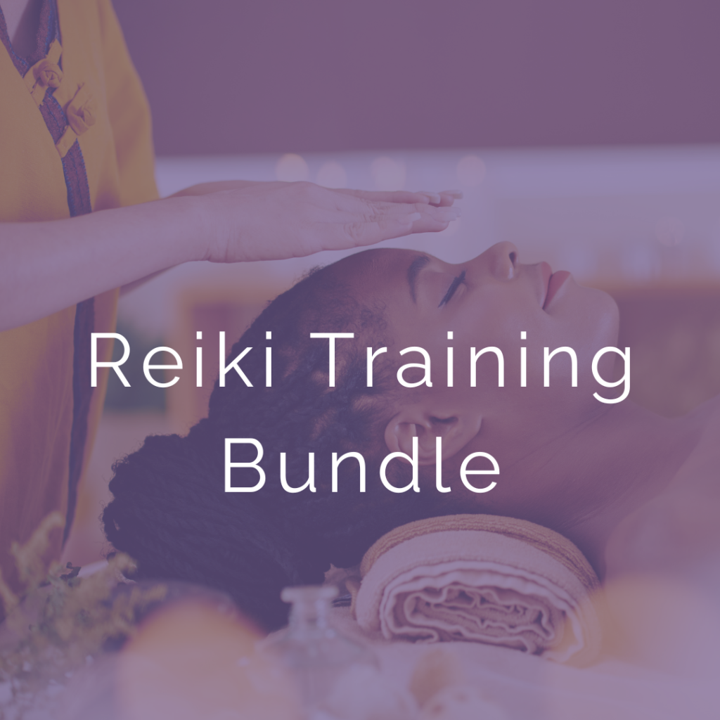 Cover image for Reiki Training Bundle. Features body of Reiki practitioner and head of Reiki recipient with the words Reiki Training Bundle. Purple overlays the image.