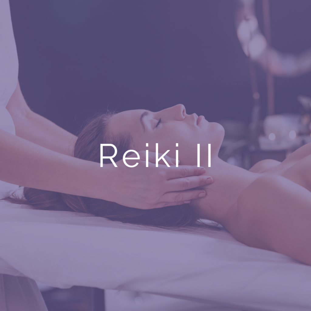 Cover image for Reiki II Training Features body of Reiki practitioner and head of Reiki recipient with the words Reiki Training Bundle. Purple overlays the image.