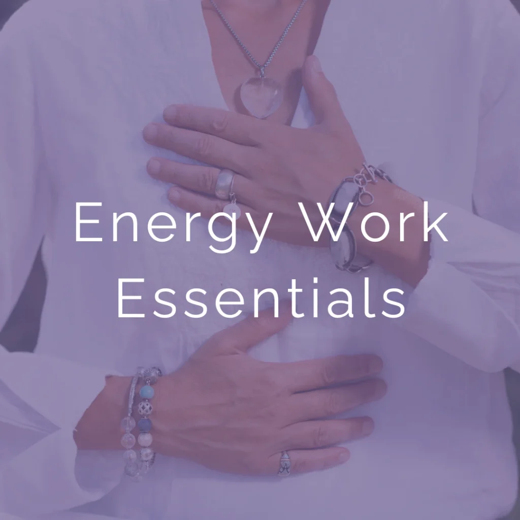 Cover Art for Energy Work Essentials. Features Woman giving herself a Reiki Treatment. Green Overlay.