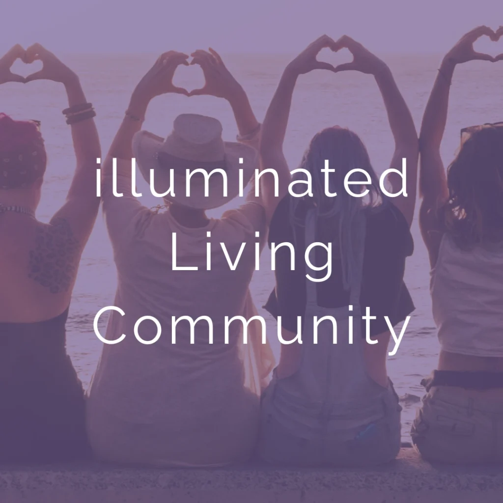 Cover Art for illuminate Living community. Features group of women making heart shape with hands with purple overlay