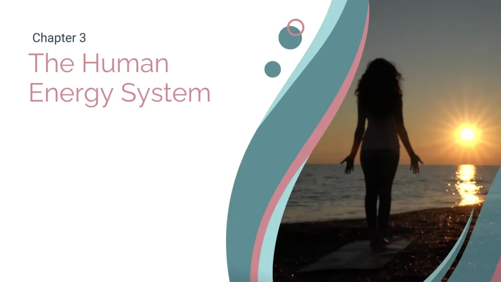 Covert Art for chapter 3 of Energy Work Essentials Class. Chapter title is on the left. A sillouette of a woman walking on the beach with sun setting is to the right.