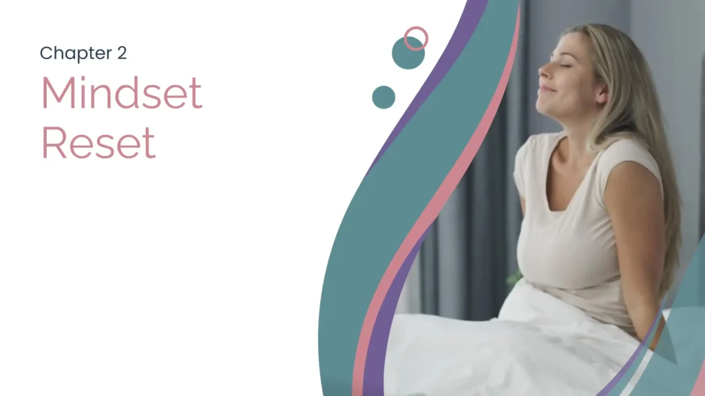 Cover art for chapter 2 of Meditation Essentials. It is a decorative image with the title Mindset Reset and a video of a woman in her bed, joyfully waking up.