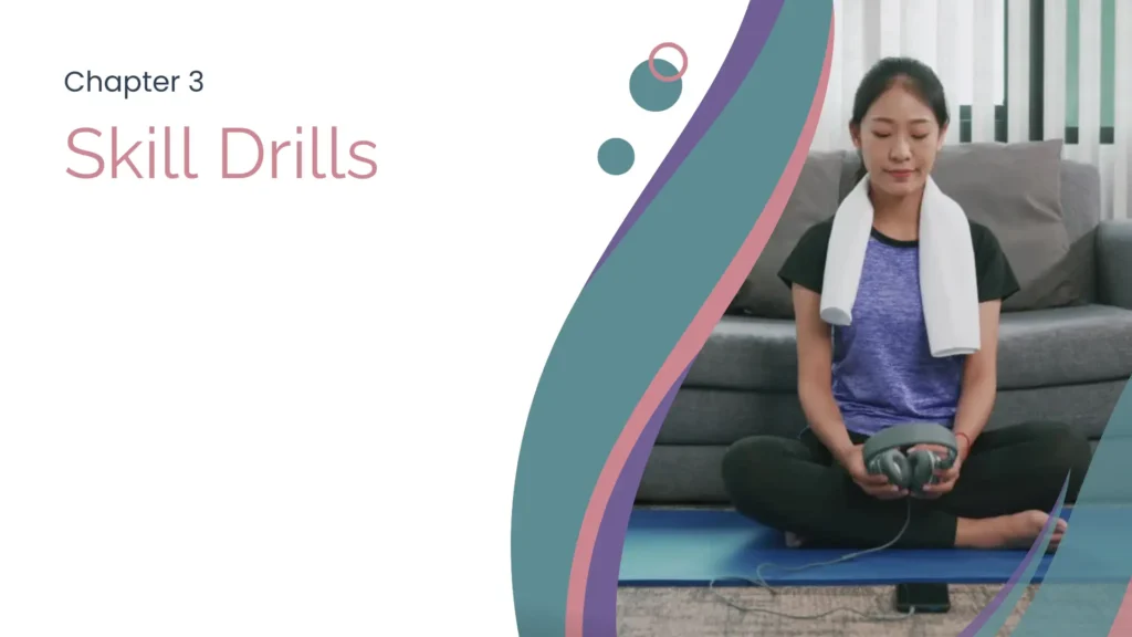 Cover art for chapter 3 of Meditation Essentials. It is a decorative image with the title ‘Skill Drills’ and a video of a woman in sitting on her yoga matt, putting on her headphones and getting ready to meditate.
