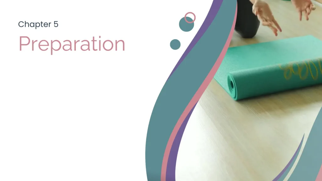 Cover art for chapter 5 of Meditation Essentials. It is a decorative image with the title ‘Preparation’ and a video of a woman rolling out her yoga mat.